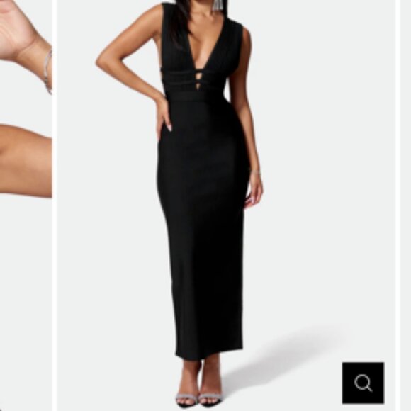 Bebe NWT Caged Cut Out Maxi Gown Plunge Neck Black Sexy Club Party Dress Small - Picture 1 of 11